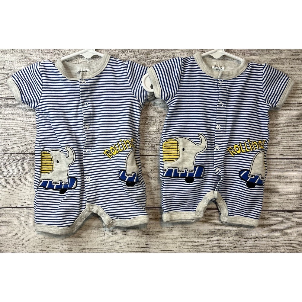 CJP Baby 2 Identical Snap-Front Knit Cotton Baby Shorts Rompers 3-6 Months